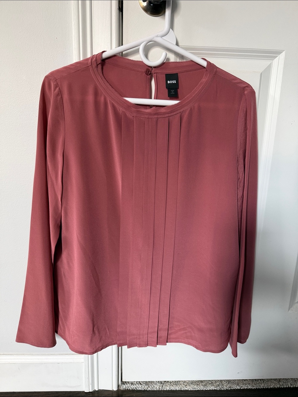 BOSS Bemiu Pleated Silk Blouse - Rosewood, size 4